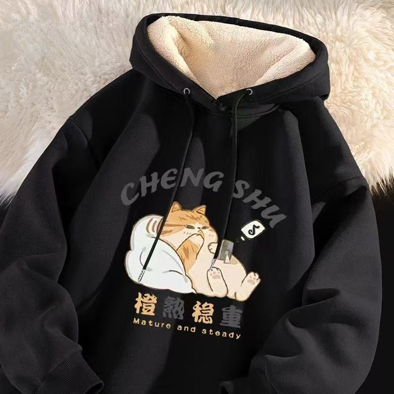 新款上衣潮卫衣男连帽宽松2025秋冬款青少年加绒加厚羊羔绒保暖