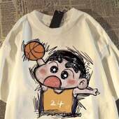 t恤大码 复古蜡笔小新篮球印花短袖 宽松遮肉ins百搭上衣 新款 夏季