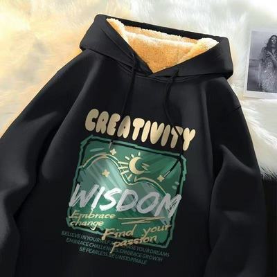 新款羊羔绒保暖青少年宽松上衣潮卫衣男2024秋冬款加绒加厚连帽