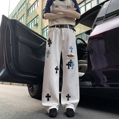 白色破洞牛仔裤男夏季潮牌新款美式高街十字架直筒宽松百搭阔腿裤