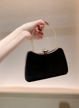 气质名媛晚宴包黑色丝绒镶钻水钻宴会手拿包搭配晚礼服手提包包女