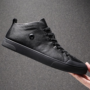 鞋子男冬季加绒二棉鞋2025新款真皮高帮板鞋纯色休闲皮鞋套筒板鞋