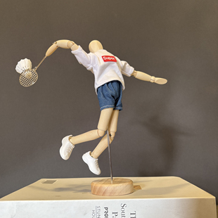 梧棣木人创意羽毛球主题装 饰摆件精致羽毛球礼品木偶人关节可动
