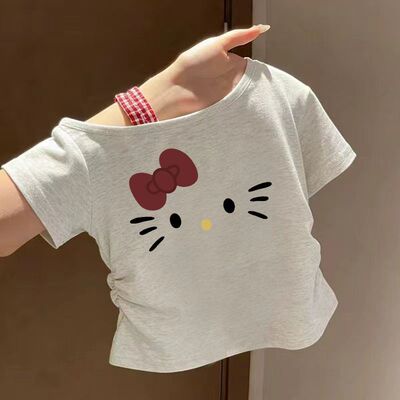 儿童露肩上衣甜美Kitty猫短袖T恤