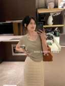 t恤女2024夏季 新款 修身 纯棉短袖 双领上衣休闲百搭设计感半袖