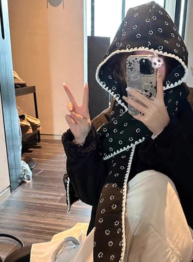韩系笑脸蝴蝶结印花帽子围巾一体女2025新款冬季加绒保暖棉帽围脖