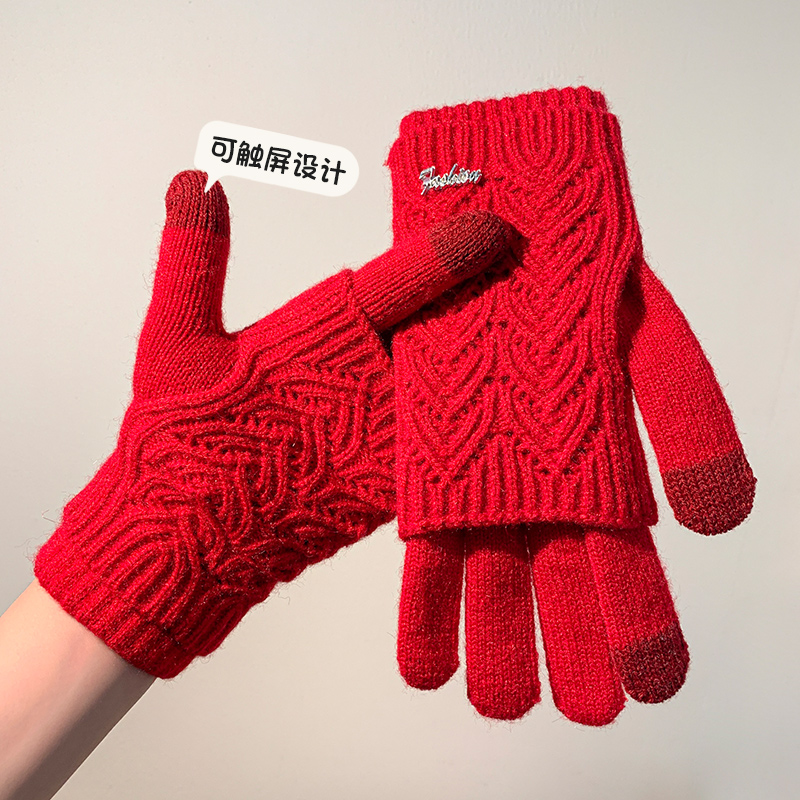 针织冬季保暖手套女加绒加厚