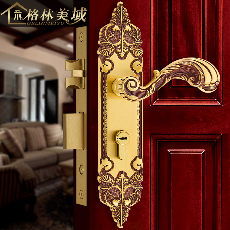 格林美域别墅卧室金色黄铜门锁法式欧式室内子母门锁具纯铜门把手