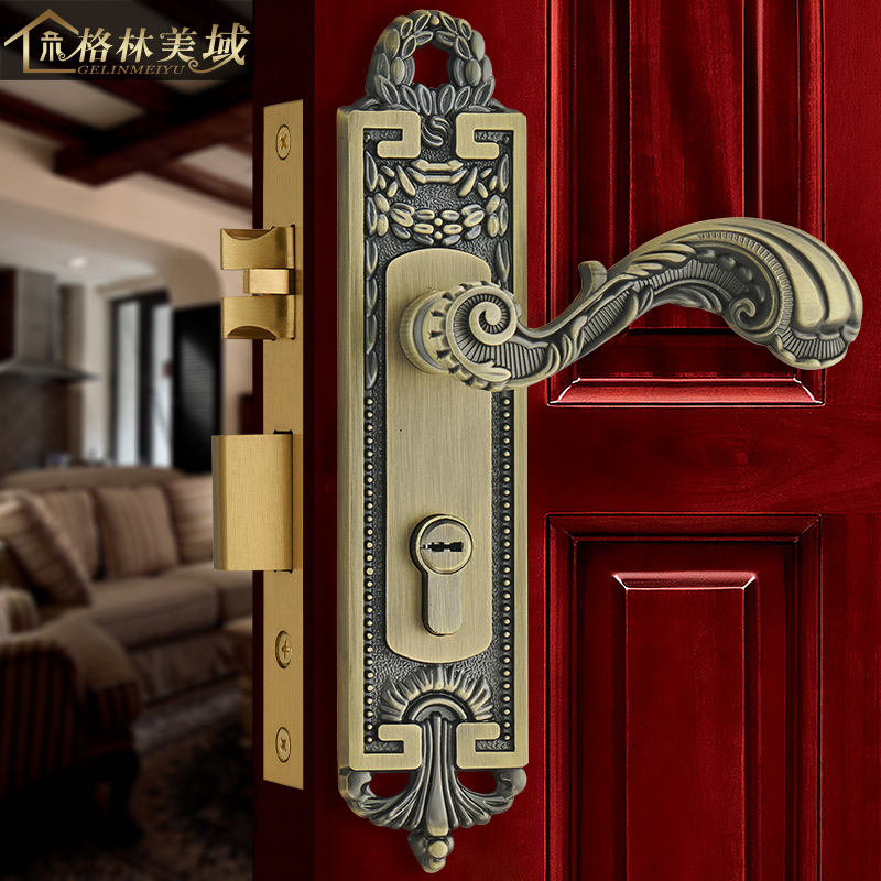 黄铜复古实木房门锁欧式实心子母