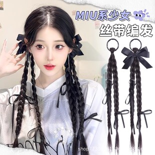 马尾假发抓夹自然蝴蝶结双麻花拳击辫假发辫马尾 假发辫子女新中式