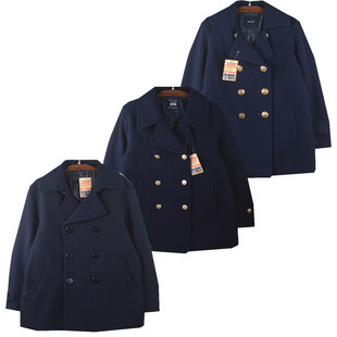 古着vintage复古文艺学院风纯色日系双排扣海军领羊毛呢大衣外套
