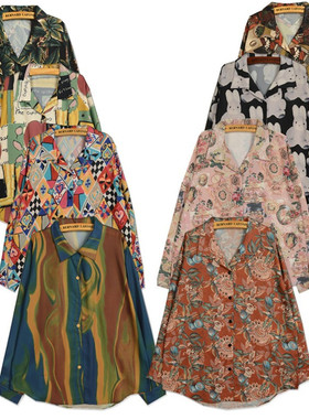 自制overs复古港味春秋花衬衫宫廷油画图案印花长袖宽松巴洛克