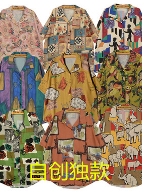 古着overs巴洛克英伦风油画碎花图案港风情侣短袖宽松男女衬衫