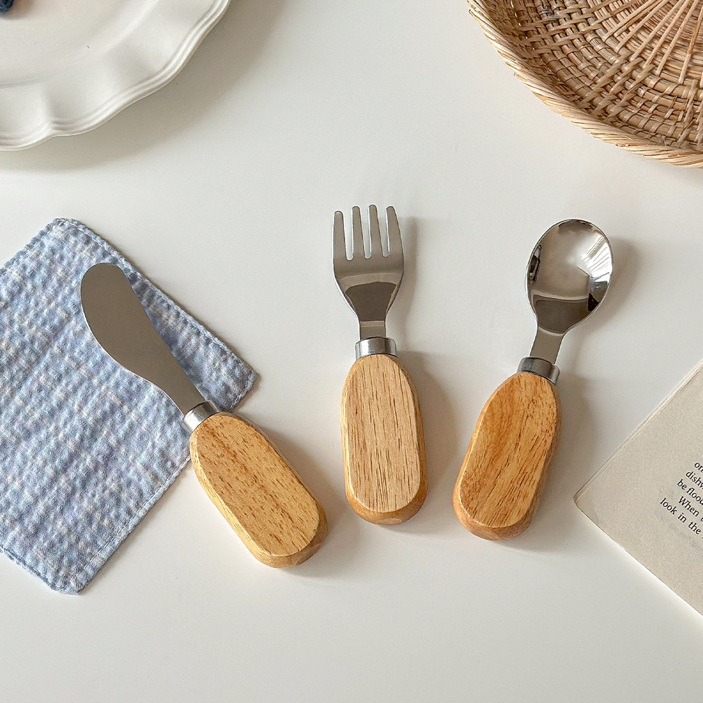 穆尼 可爱叉勺儿童专用木柄不锈钢小号家用甜品叉勺黄油奶酪抹刀,餐饮具,叉/勺/筷套装,淘宝优惠券,粉丝福利购,淘宝优惠卷