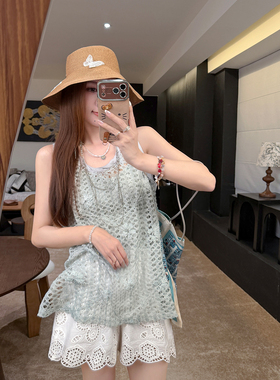 张涩涩5/13“廊下花影”清爽的盛夏 蓝色编织钩花无袖罩衫上衣
