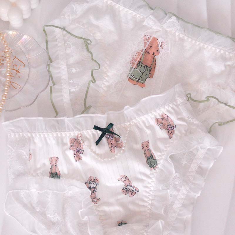 可爱小熊蕾丝边学生内裤女纯棉裆中腰弹力透气女士三角裤全棉