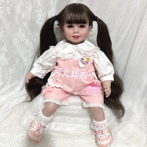 50-55cm娃娃衣服女孩可爱甜美套装泡泡袖衬衫卡通背带裤两件套