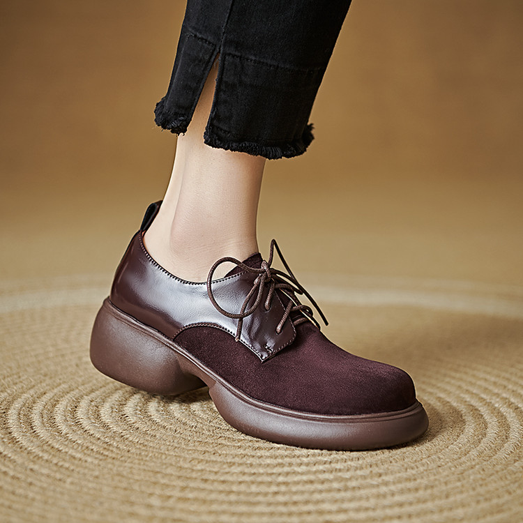 2025春季女士新款松糕底羊皮小皮鞋法式复古系带厚底深口单鞋