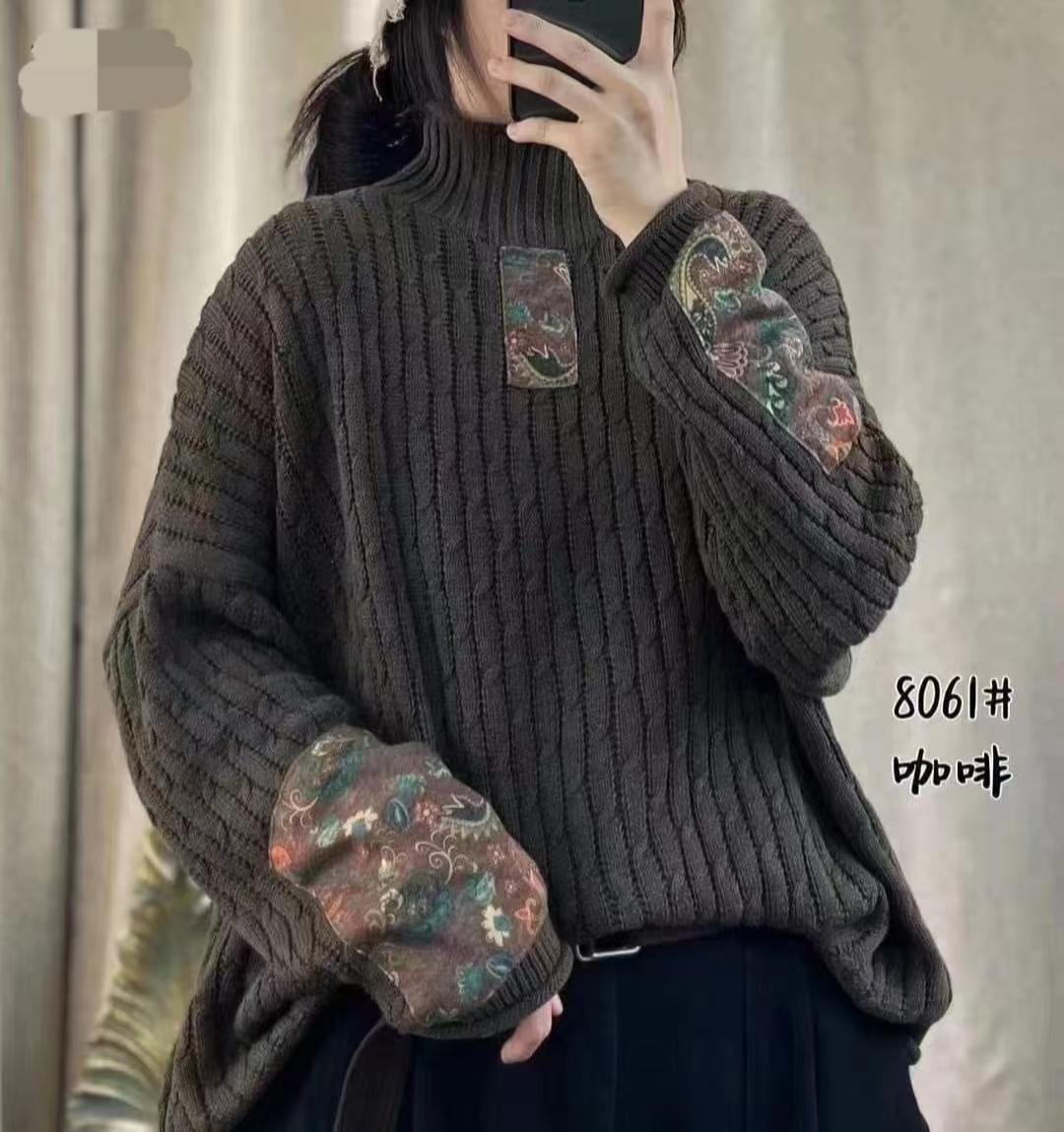 秋冬新款纯棉线女装高领毛衣女宽松加厚保暖针织打底衫复古风休闲