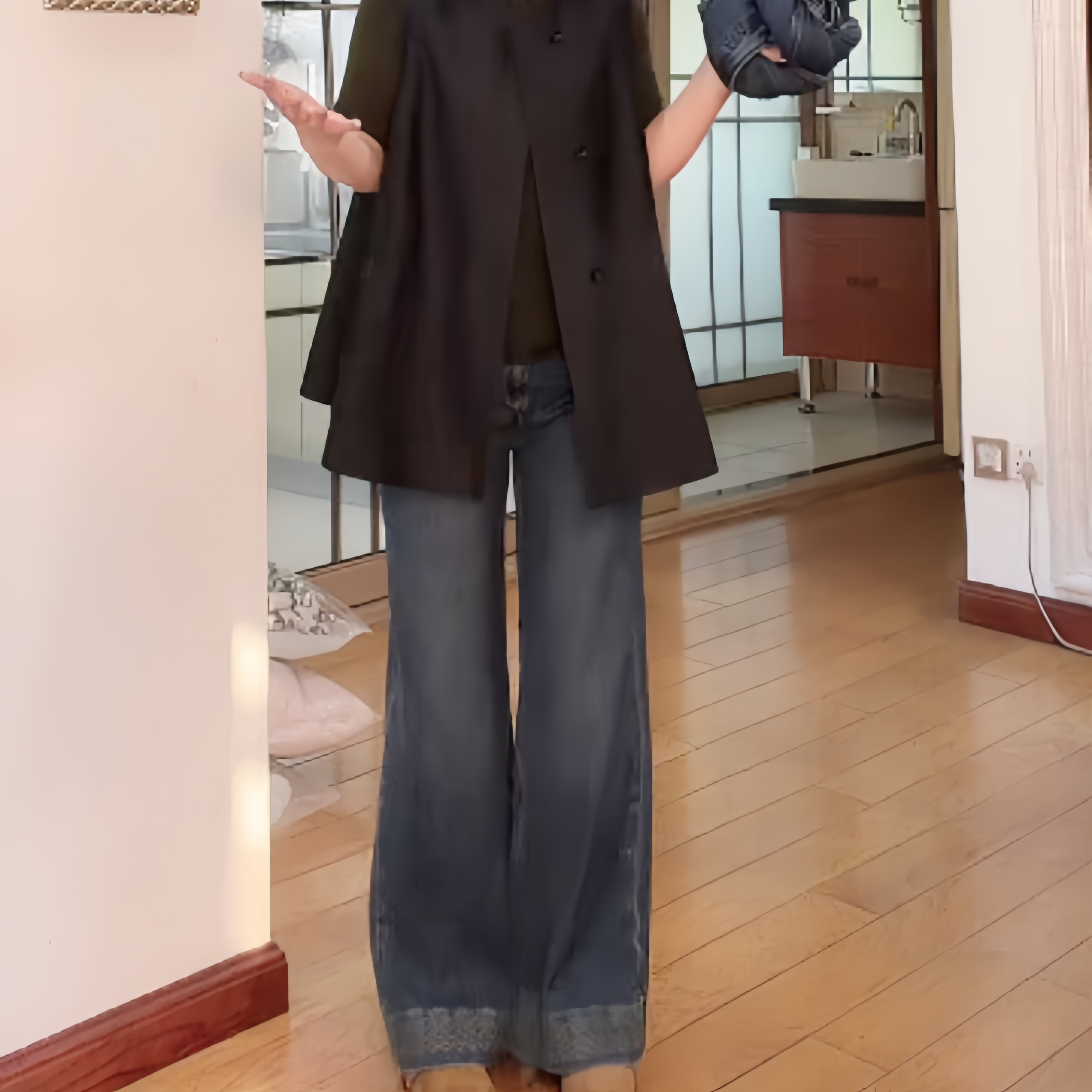拨腿裤AKDM秋冬莱赛尔刺绣休闲牛仔裤女裤