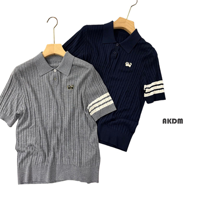 AKDM绢丝猫咪刺绣翻领短袖T恤上衣