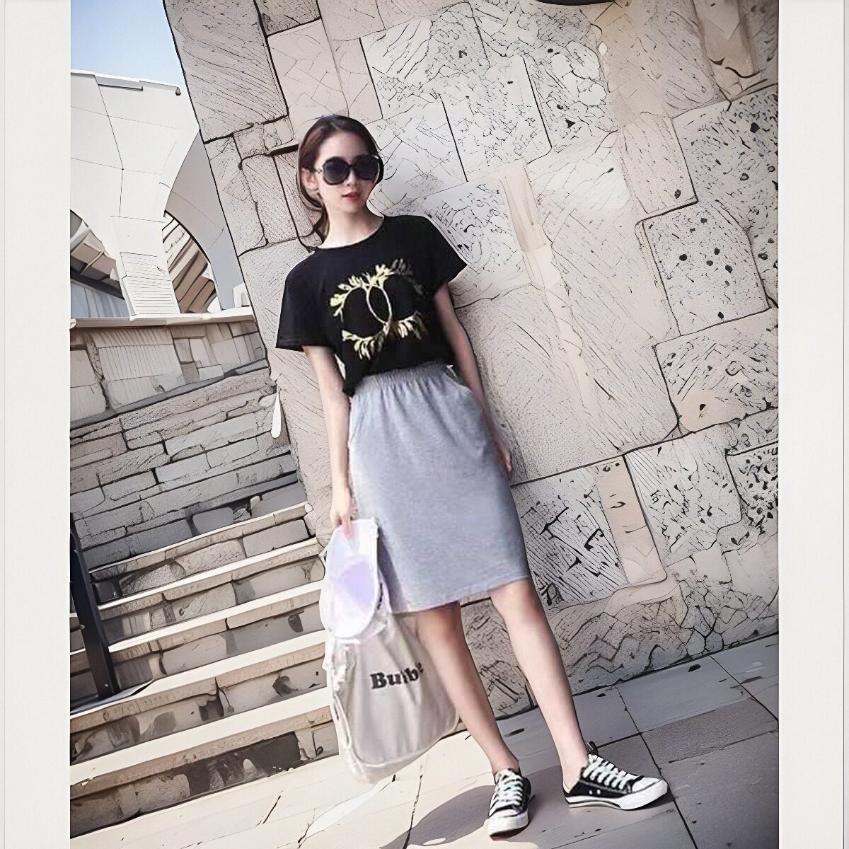 直筒半身裙灰色吸汗透气遮跨中裙高腰显瘦运动裙休闲大码松紧腰潮