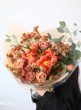 [幸福那件小事]植物图书馆杭州同城橙色系花束送女友长辈生日花束