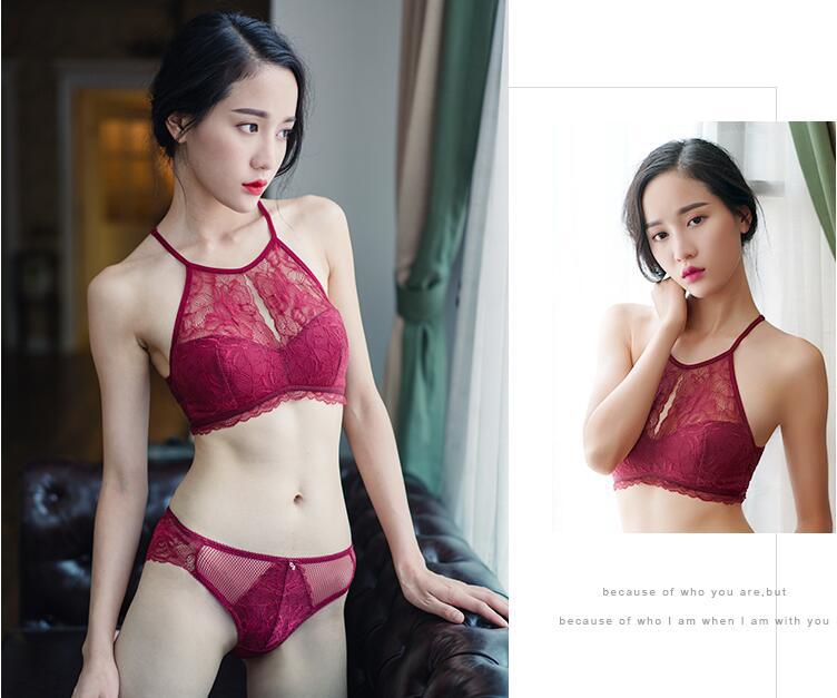 法式浪漫蕾丝挂脖抹胸薄棉杯无钢圈性感女士内衣内裤文胸套装
