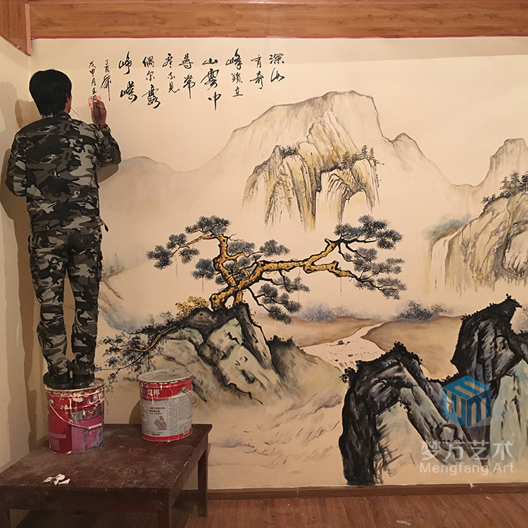 家装电视背景墙山水画手绘定制沙发背景墙国画彩绘餐厅涂鸦彩绘画