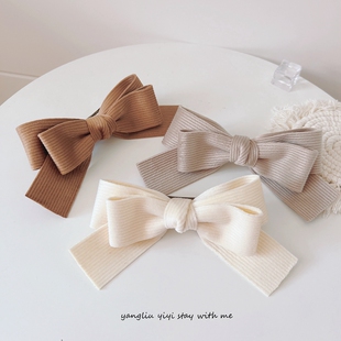 糯米白灯芯绒蝴蝶结发夹少女头饰韩国秋冬发卡头饰顶夹发饰头绳