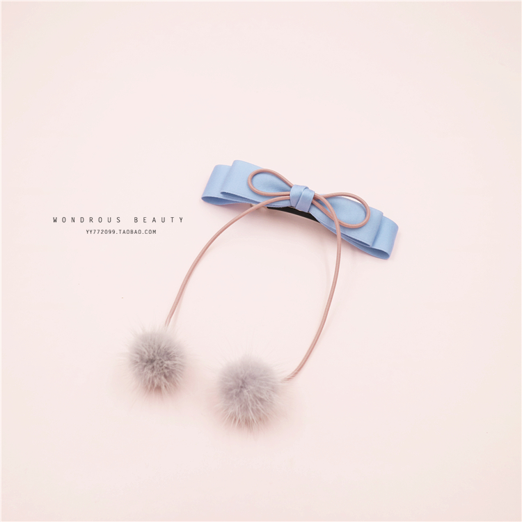 包邮日系毛球球发饰发夹蝴蝶结发卡飘带头饰韩国进口水貂毛丸子头
