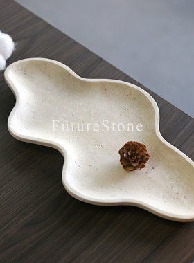 复古侘寂风天然米白洞石大理石托盘酒店民宿风首饰置物盘装饰摆件