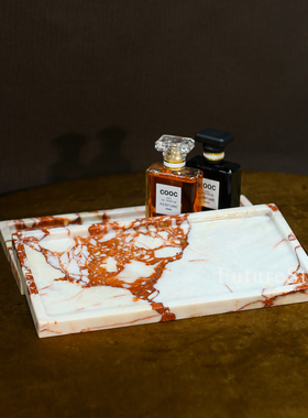 中古风天然宝格丽红大理石长方形小托盘香薰蜡烛置物盘装饰摆件盆