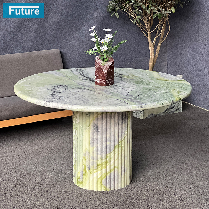 简约轻奢天然绿色大理石圆形餐桌家用现代饭桌圆桌芬迪绿餐台饭台