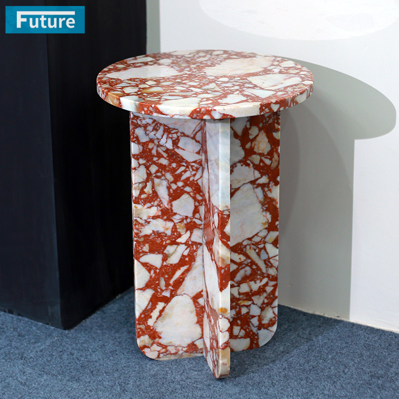 简约天然大理石家用宝格丽红茶几组合奶油小户型复古客厅圆形边几