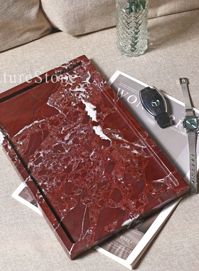 轻奢天然紫罗红大理石长方托盘浴室乳液瓶置物盘护肤品化妆品收纳