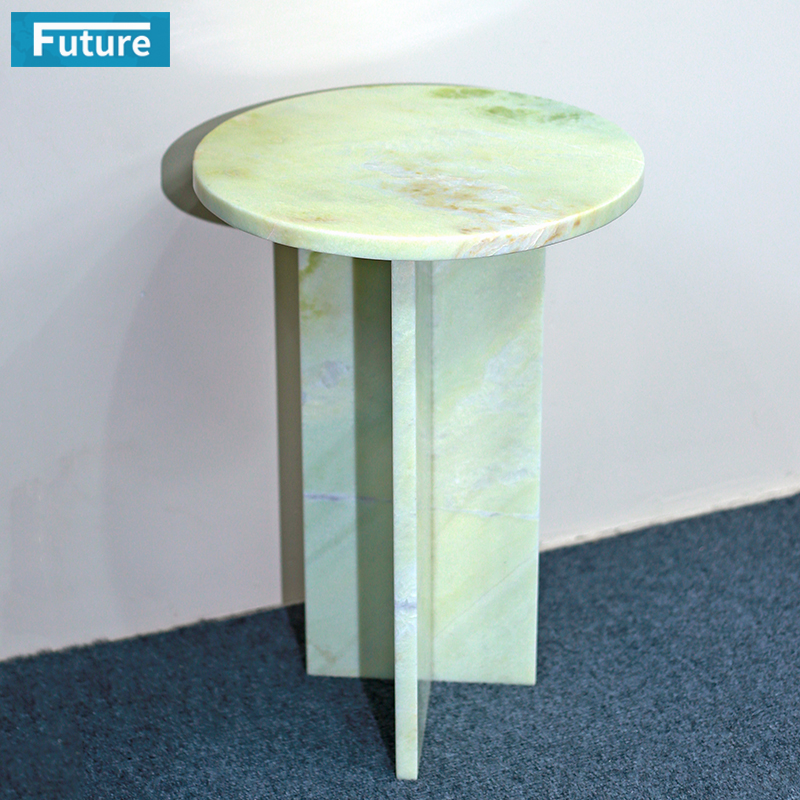 简约天然大理石芬绿色T字脚边几圆桌北欧客厅沙发茶几设计师角几