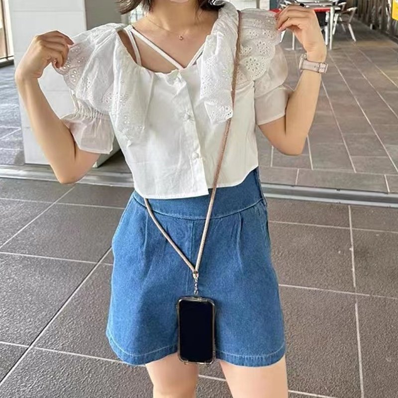 早秋新品日系甜美风女式大娃娃领短袖衬衫0133010180