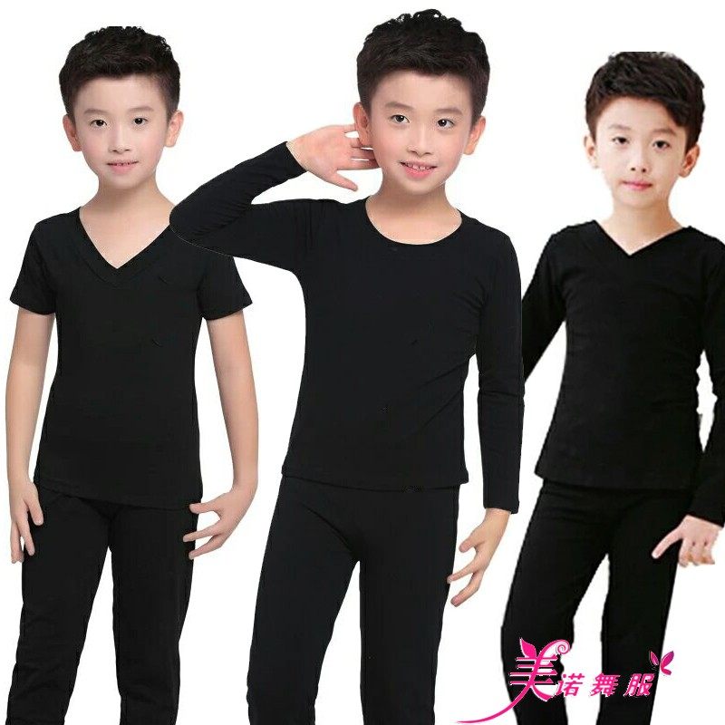 全棉男童舞蹈服纯黑不印字长袖短袖拉丁跳舞上衣长裤精品练功套装
