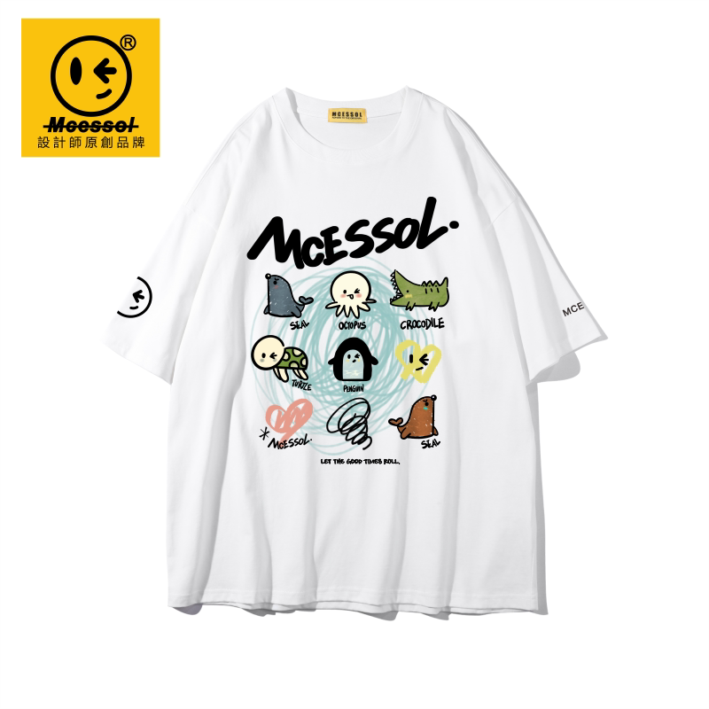Mcessol设计师原创品牌海洋动物卡通印花短袖t恤男女中性风圆领