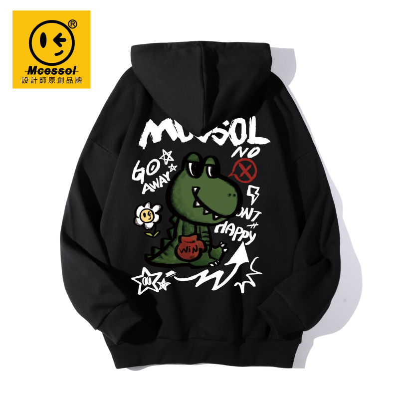 Mcessol设计师原创品牌拳击小恐龙花朵字母连帽卫衣男女学生帽衫