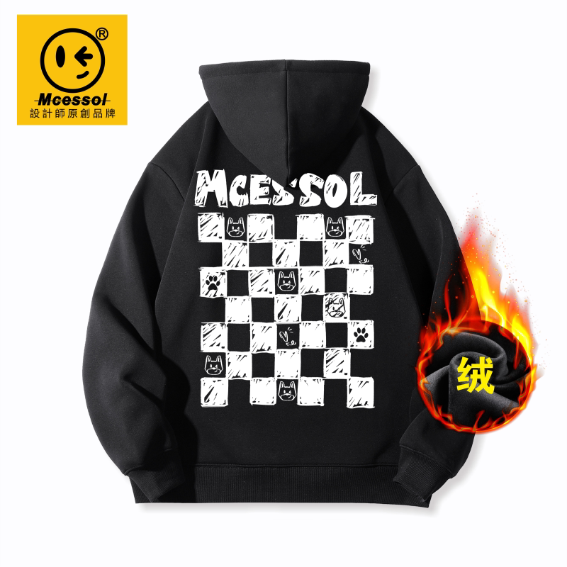 Mcessol设计师原创品牌棋盘格小熊字母套头连帽卫衣男女加绒学生