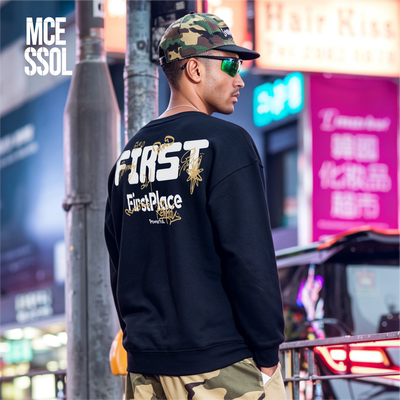 Mcessol设计师原创品牌涂鸦英文字母印花圆领卫衣男女款宽松黑色
