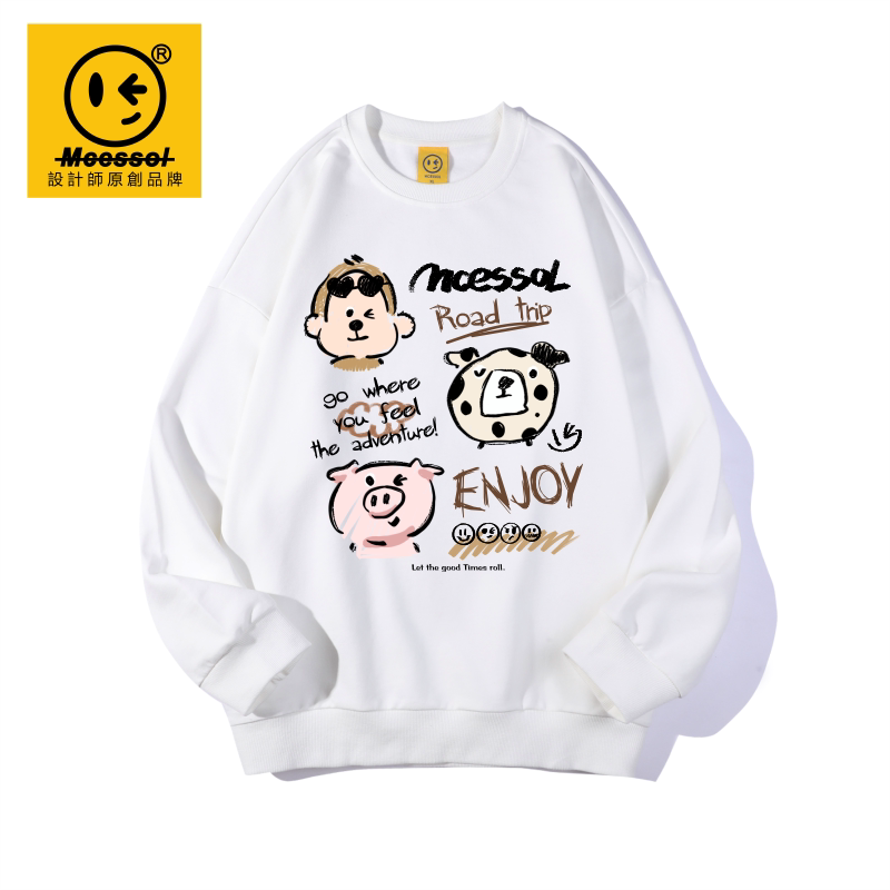 Mcessol设计师原创品牌涂鸦小牛小猪字母印花圆领卫衣男女同款