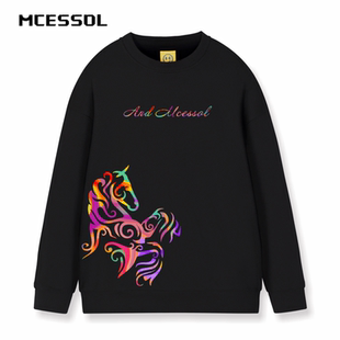 Mcessol设计师原创品牌卡通描绘马图案圆领卫衣男女秋冬季新款