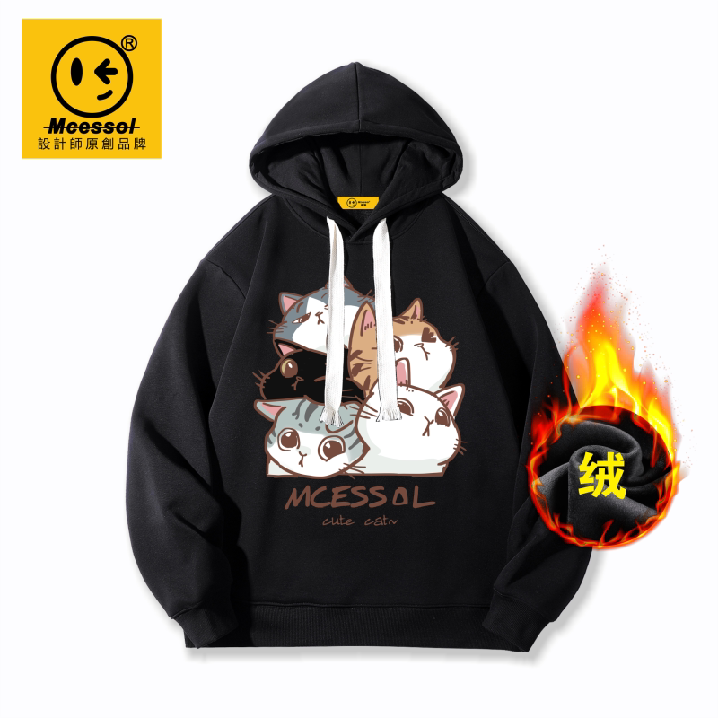 Mcessol设计师原创品牌创意卡通小猫咪套头连帽卫衣男女加绒外套