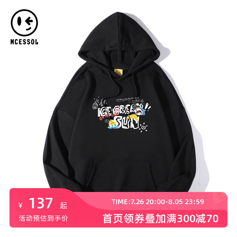 mcessol设计师原创品牌鲨鱼字母印花套头连帽卫衣男女无性别潮牌