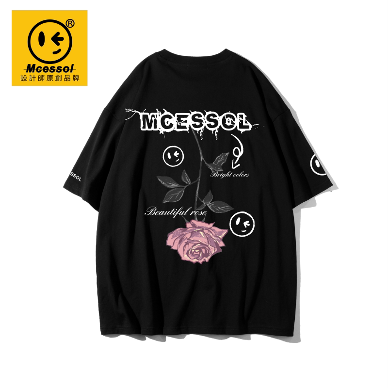 Mcessol设计师原创品牌涂鸦倒立玫瑰花字母短袖t恤男女街头国潮牌