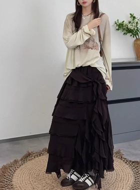 sofia定制25早秋新复古小众设计感叠层荷叶边半身裙显瘦绑带裙子