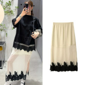 定制高版 本25SS松紧腰蕾丝拼接刺绣花边半身裙夏新款 优雅气质裙子